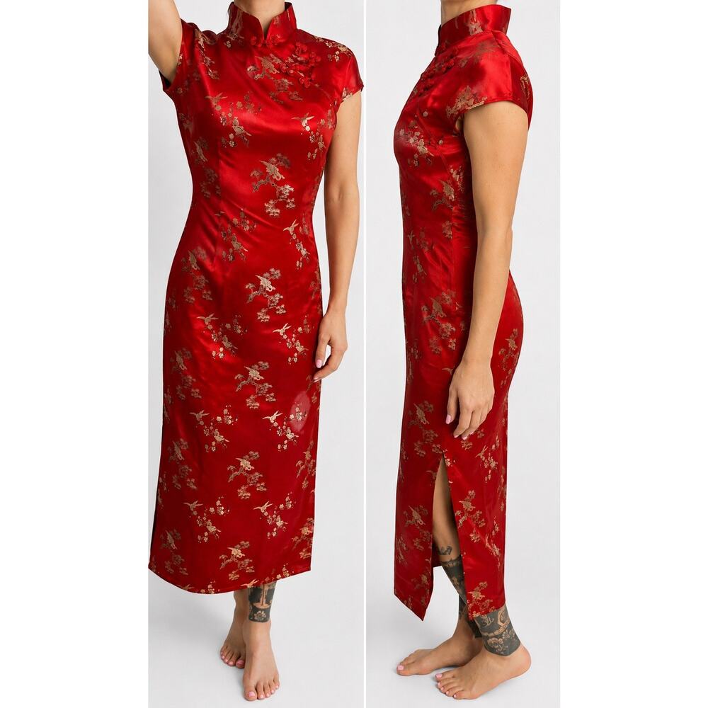 Vintage Red Chinese Qipao Cheongsam Dress Crane Brocade Silk Feel Size S EUC